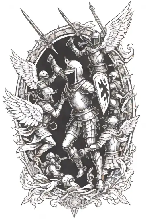 knights fighting Roman soilders, surrounded by angels. Make this signify unity of brotherhood.  tattoo design idea