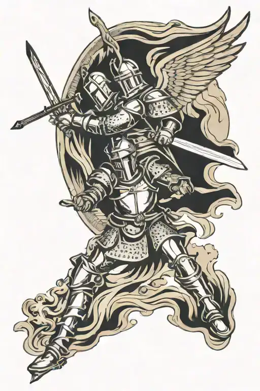 knights fighting with angels around them  arm sleeve  tattoo design idea