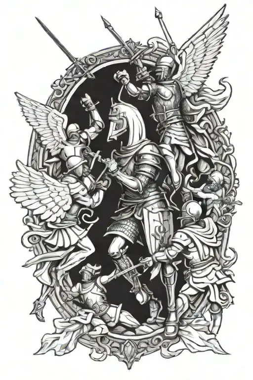 knights fighting Roman soilders, surrounded by angels around them providing support. tattoo design idea