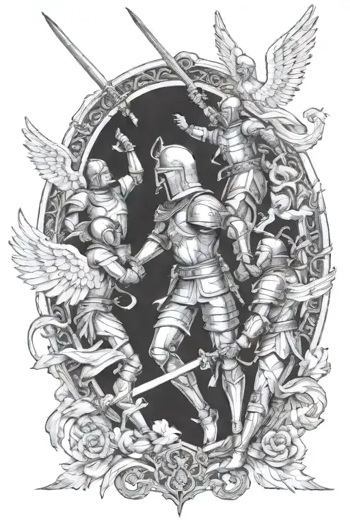 knights fighting Roman soilders, surrounded by angels. Make this signify unity of brotherhood.  tattoo design idea