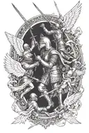 knights fighting Roman soilders, surrounded by angels. Make this signify unity of brotherhood.  tattoo design idea