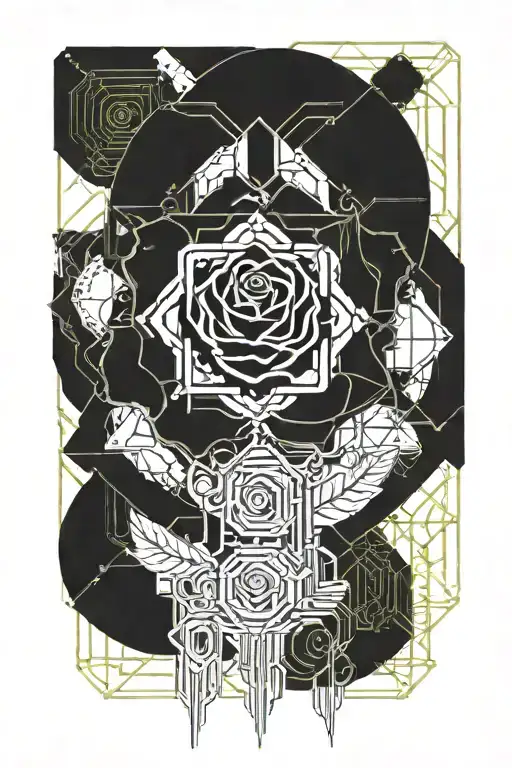 geometric and Da Vinci black rose tattoo design idea