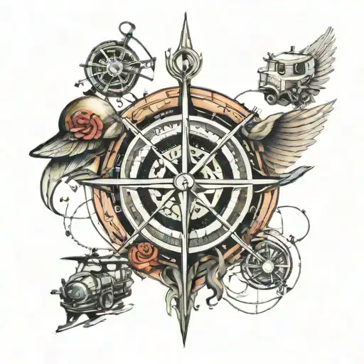 Human organ heart and compass direction indicated also include various types of transportation  tattoo design idea