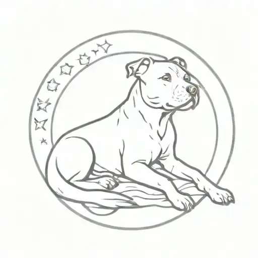 A simple tattoo of Luna the pit bull sitting under a crescent moon tattoo design idea