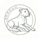 A simple tattoo of Luna the pit bull sitting under a crescent moon tattoo design idea