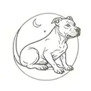 A simple tattoo of Luna the pit bull sitting under a crescent moon tattoo design idea