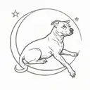 A simple tattoo of Luna the pit bull sitting under a crescent moon tattoo design idea