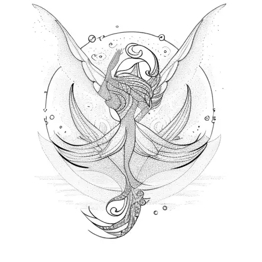 A graceful silhouette of a dancer with flowing hair, surrounded by delicate waves and seagulls in flight tattoo design idea