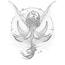 A graceful silhouette of a dancer with flowing hair, surrounded by delicate waves and seagulls in flight tattoo design idea