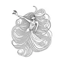 A graceful silhouette of a dancer with flowing hair, surrounded by delicate waves and seagulls in flight tattoo design idea