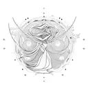 A graceful silhouette of a dancer with flowing hair, surrounded by delicate waves and seagulls in flight tattoo design idea