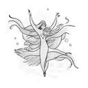 A graceful silhouette of a dancer with flowing hair, surrounded by delicate waves and seagulls in flight tattoo design idea