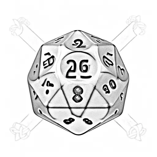 Combine a D20 dice with numbers and a sword in a black-grey design, with subtle Celtic motifs in the background tattoo design idea