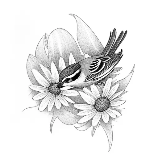 sparrow with a daisy, lily, crown and feather tattoo design idea