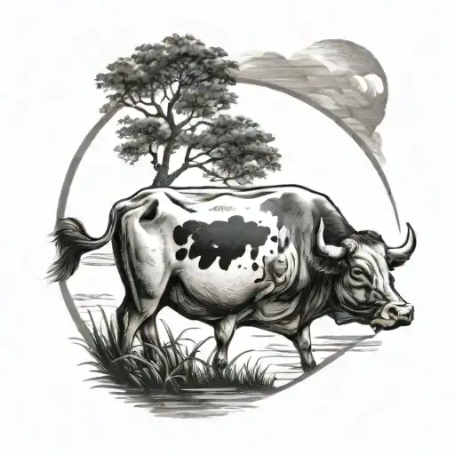 A black-grey tattoo of a serene fishing scene with a cow grazing nearby tattoo design idea