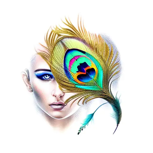 golden peacock feather with woman's face in it tattoo design idea