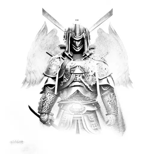 prompthunt: A hyper-realistic tattoo design of a samurai warrior carrying a  sword and a shield and wearing realistic samurai armor, faded background of  a Japanese landscape, black and white
