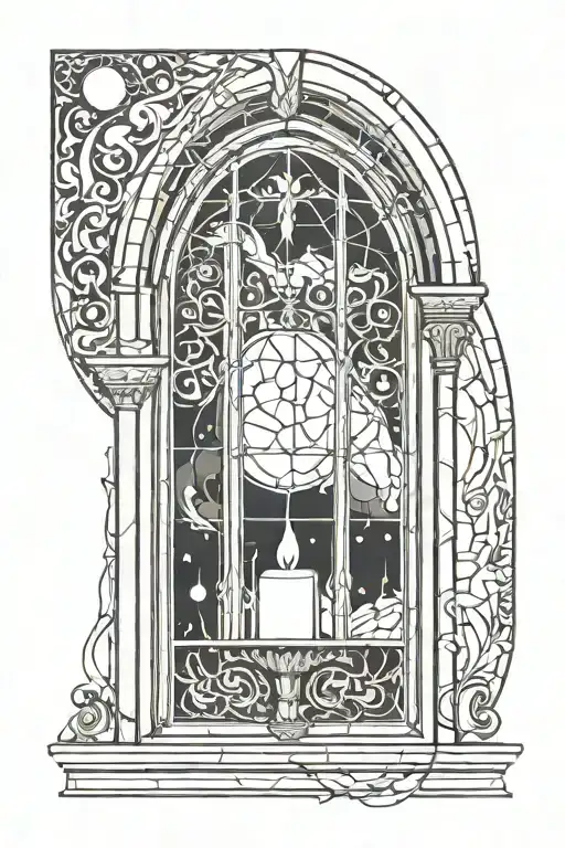 arched window with candle burning and moon outside tattoo design idea