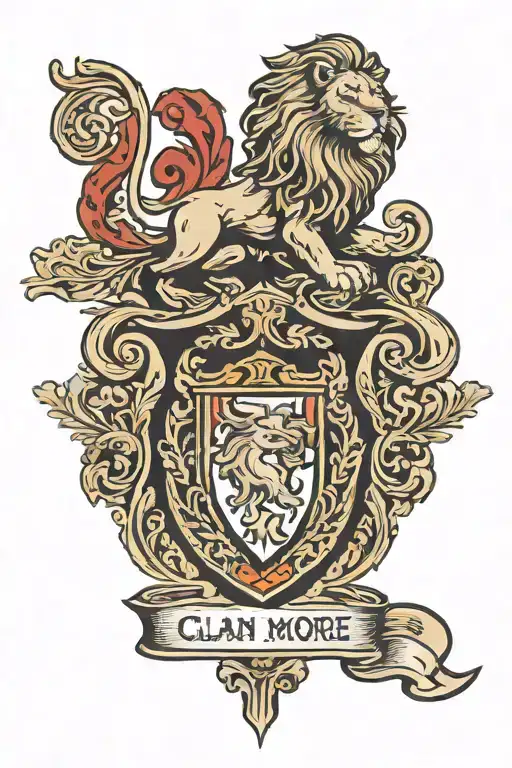 Clan Moore family crest shield with lion and 3 starts above rhe lion tattoo design idea