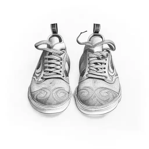 A pair of stylish shoes with coffee beans as the shoelaces, surrounded by fitness equipment tattoo design idea