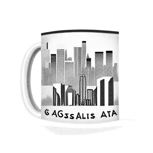 A coffee mug with the Los Angeles skyline and a cat sitting on top, with a ribbon that says 'Graduate Student' tattoo design idea