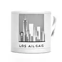 A coffee mug with the Los Angeles skyline and a cat sitting on top, with a ribbon that says 'Graduate Student' tattoo design idea