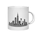 A coffee mug with the Los Angeles skyline and a cat sitting on top, with a ribbon that says 'Graduate Student' tattoo design idea