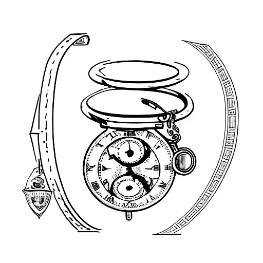 hand of god holding a vintage pocket watch set to 11:44 with a crack in the face tattoo design idea