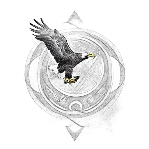 A mystical ancient Nordic symbol integrated with the silhouette of a majestic bald eagle in flight tattoo design idea