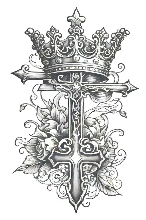 A cross and crown combination tattoo design symbolizing faith and royalty, incorporating elements of black-grey shading for a bold and striking appearance tattoo design idea