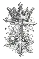 A cross and crown combination tattoo design symbolizing faith and royalty, incorporating elements of black-grey shading for a bold and striking appearance tattoo design idea