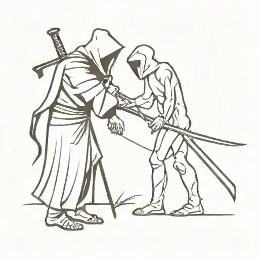 The executioner and death with a scythe shake hands tattoo design idea