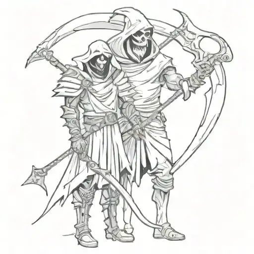 The executioner and death with a scythe shake hands cartoon style tattoo design idea