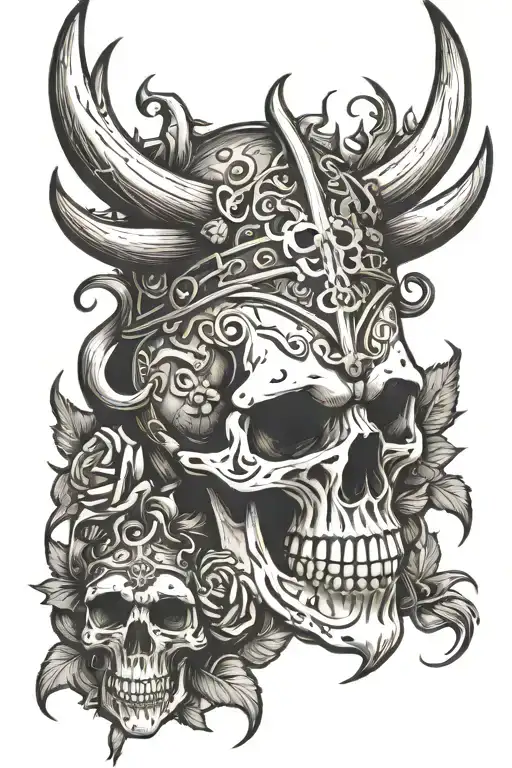vikings skull with horns and crossbones at the base tattoo design idea