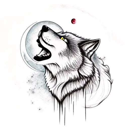 Silhouette of a wolf howling at a bleeding moon tattoo design idea