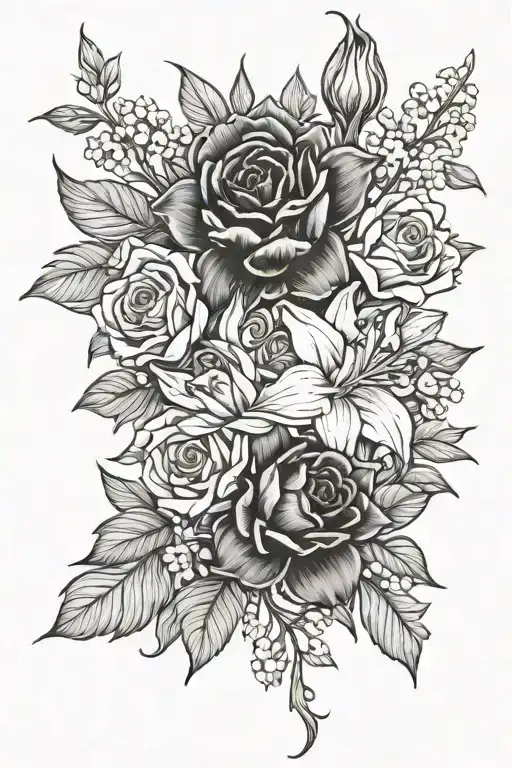 carnation daffodil rose larkspur flower bouquet tattoo design idea