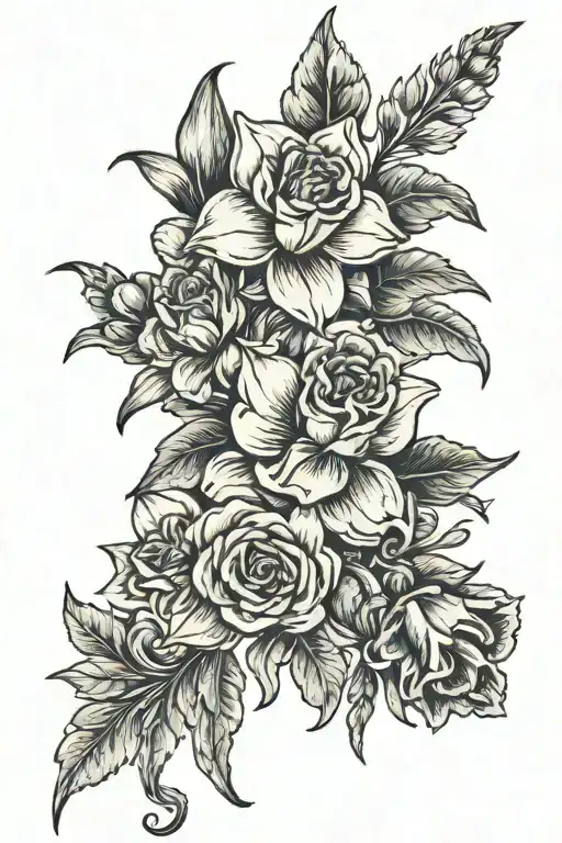 carnation daffodil rose larkspur flower bouquet tattoo design idea