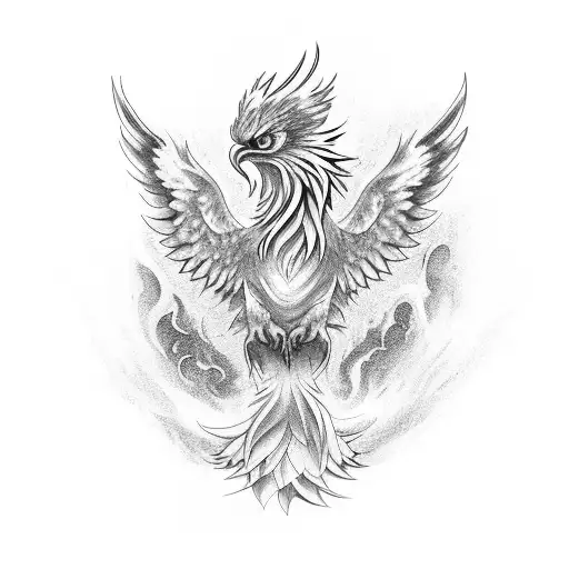 A vibrant phoenix rising from a pile of money and holding a dumbbell tattoo design idea