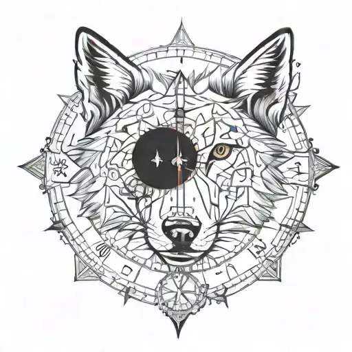 a tatto with the face of a wolf a compass and a clock combined  tattoo design idea