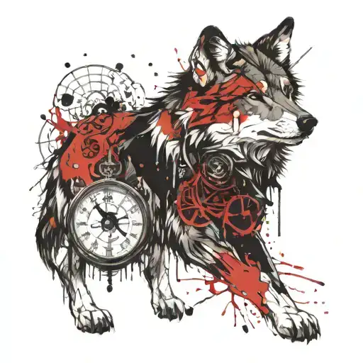a wolf showing dominance confidence and fearless with a clock and compass and the expression you breathe but i live tattoo design idea