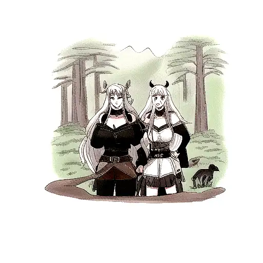 viking gilrs made with two ravens, a black wolf, an antler in the forest tattoo design idea