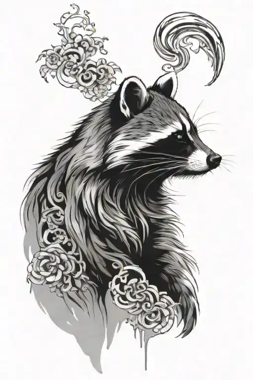 side profile of a raccoon with oriental water circling around it tattoo design idea
