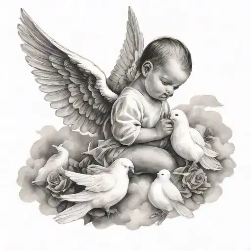 baby angel with wings and roses in the clouds and over him, 2 white doves flying tattoo design idea