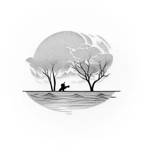 A tattoo design of a beautiful sunset over a lake, with the silhouettes of your two boys and a dog playing by the water's edge, capturing the essence of your favorite things tattoo design idea
