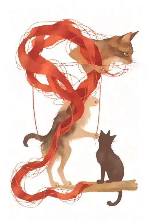 playful cat and raven play with the red string of fate tattoo design idea