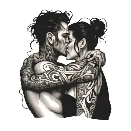 A dark romance couple intertwined in a passionate embrace, incorporating elements of biting and choking tattoo design idea
