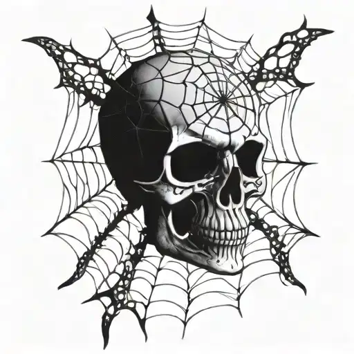 skull front of spider web design tattoo design idea