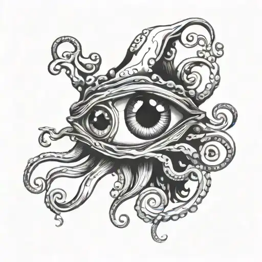squid with a human eye and clouds as shading its face tattoo design idea