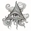 squid with a human eye and clouds as shading its face tattoo design idea