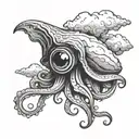 squid with a human eye and clouds as shading its face tattoo design idea